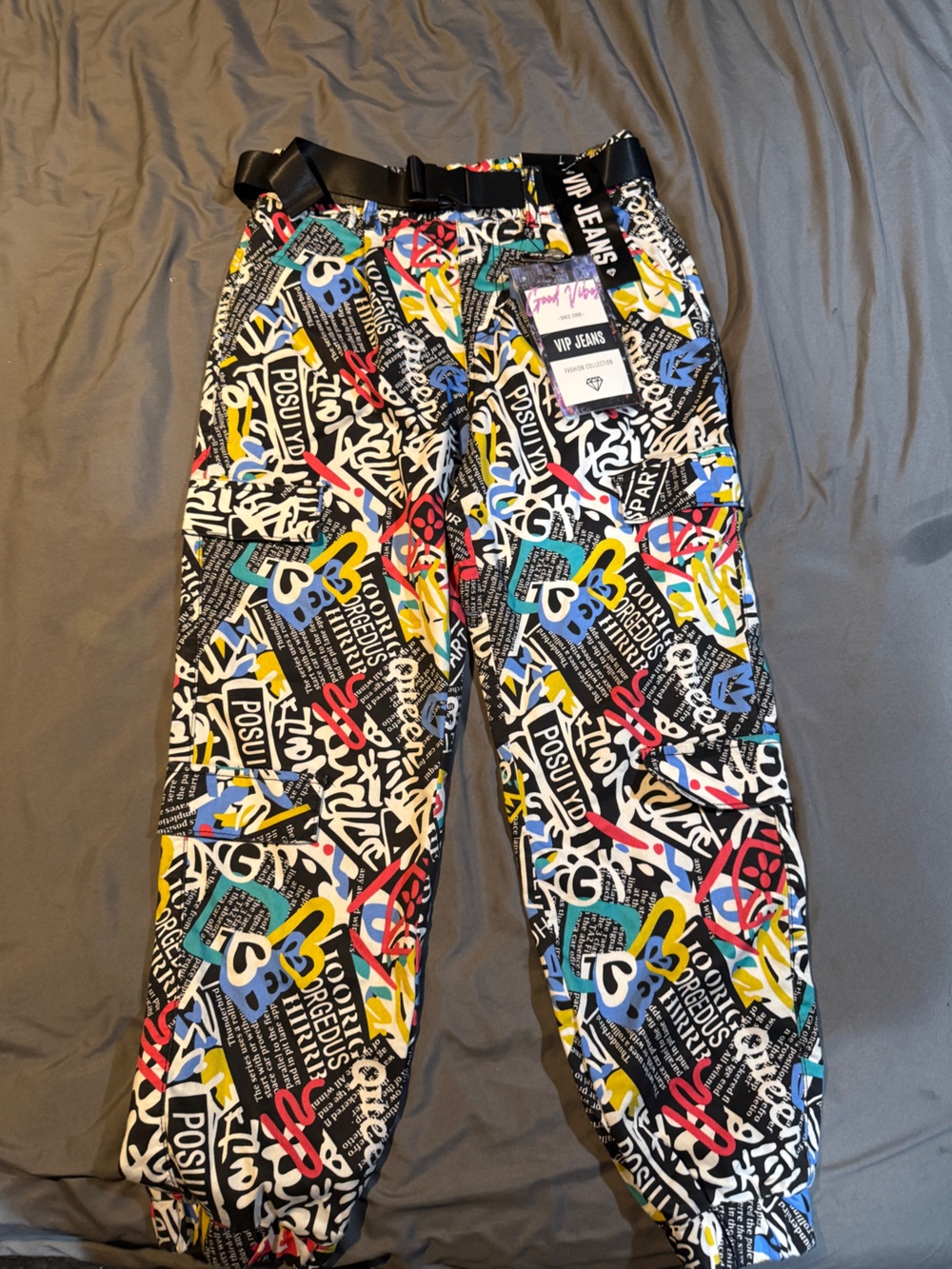 VIP Multicolor Graphic Print Pants - Black, Yellow, Blue, Teal, White